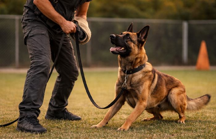 Belgian Malinois performing controlled protection training with professional handler