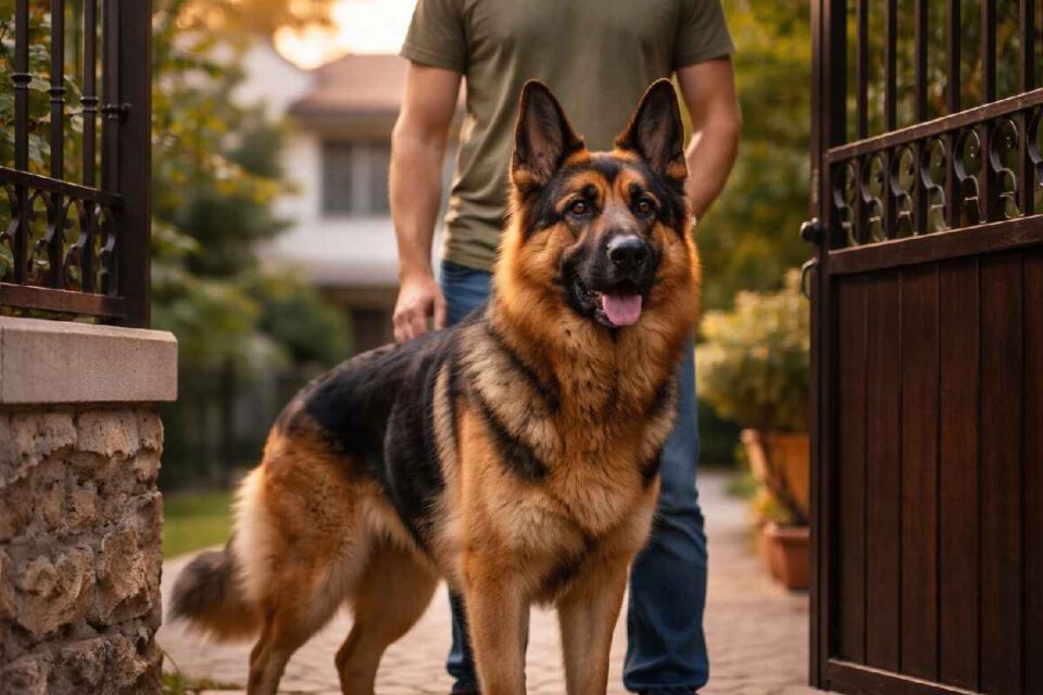Well-trained German Shepherd standing protectively in front of owner at residential gate in India
