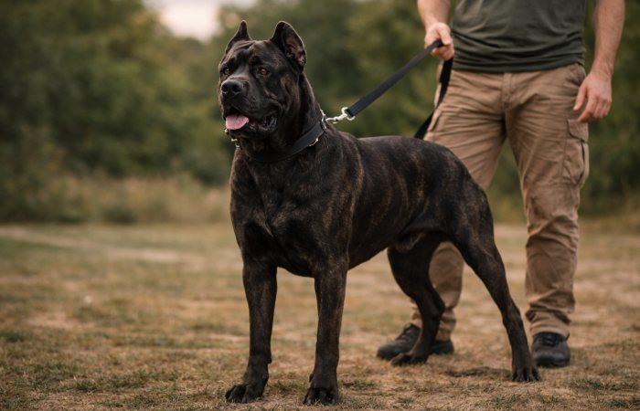 Cane Corso standing beside experienced handler in controlled outdoor environment