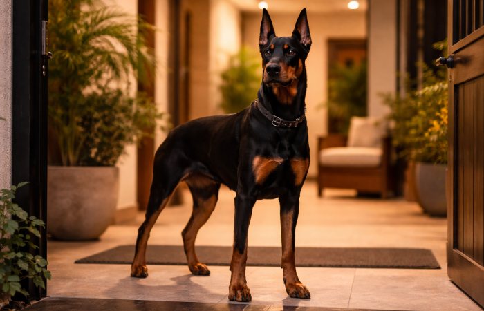 Doberman Pinscher standing alert inside modern home in warm climate