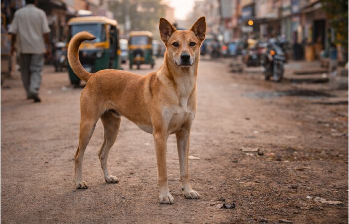 Indian Pariah Dog standing alert in Indian urban environment