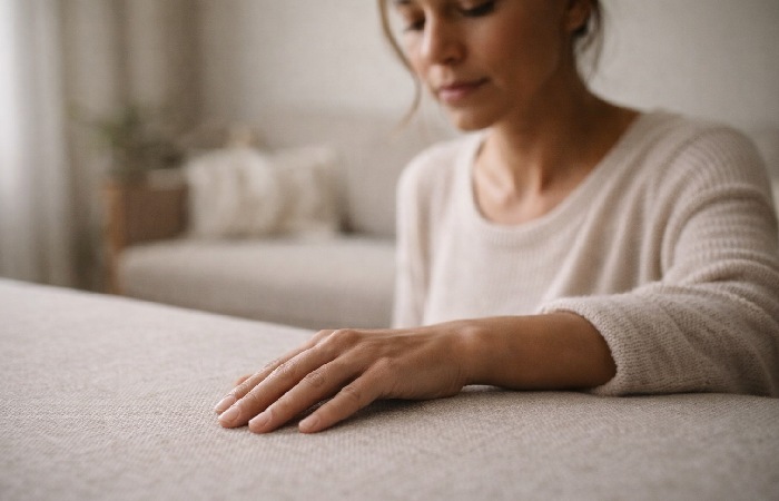 Adult practicing grounding technique by focusing on surroundings indoors.