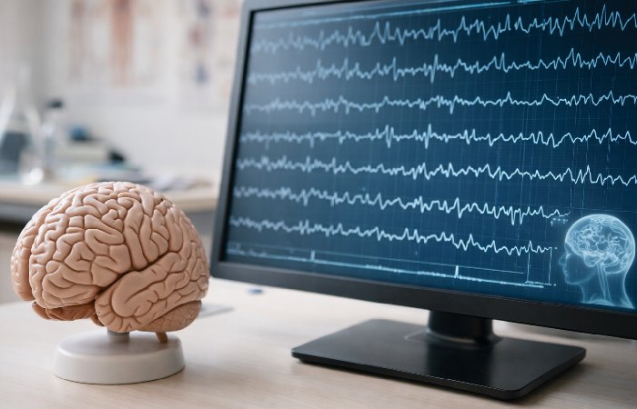 Researcher examining brain imaging related to meditation studies.