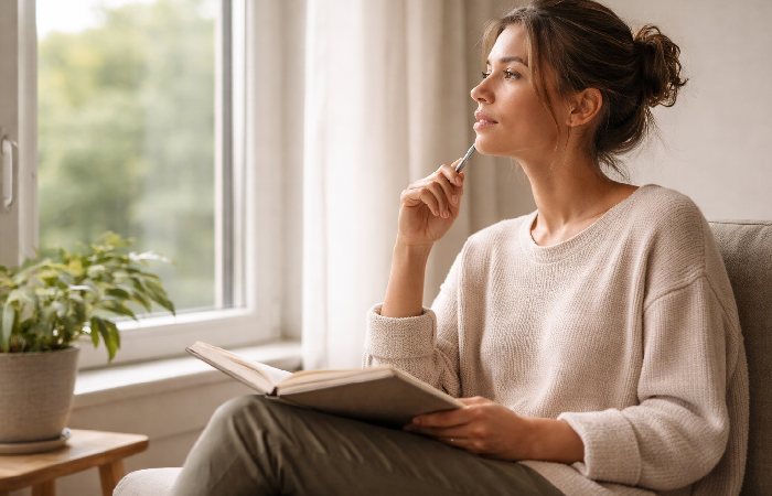 Person sitting quietly and reflecting in soft natural light near a window.