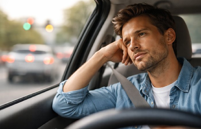 Calm person observing moving city traffic through a window.