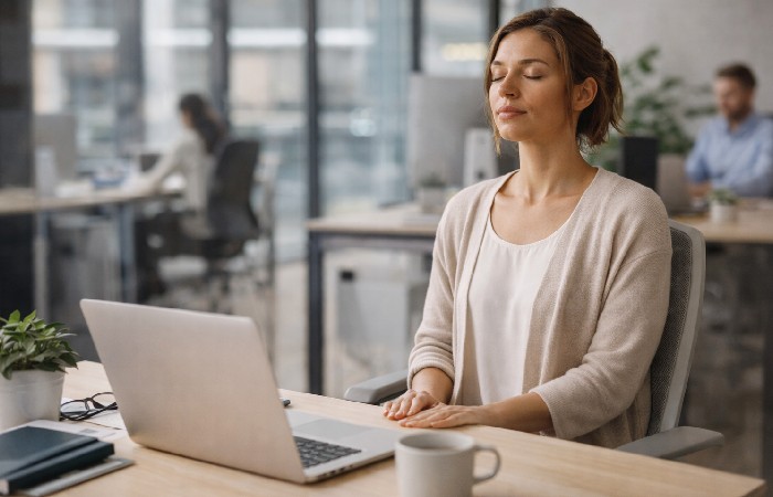 Professional pausing at desk before responding to email.