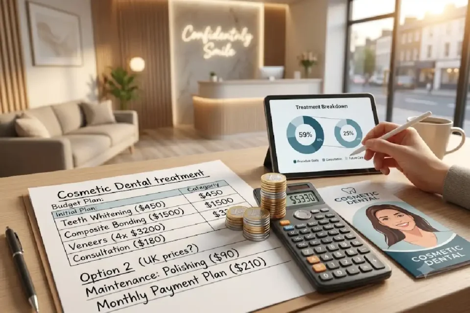 Calculating costs on a budget planner for cosmetic dental treatment like veneers and bonding.